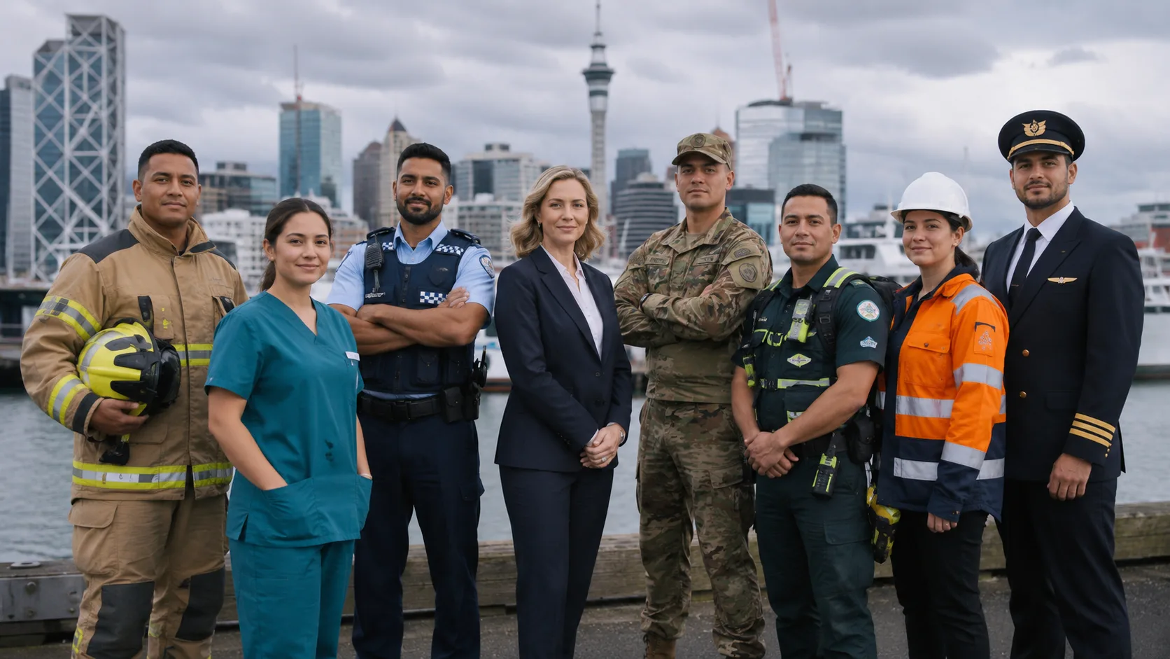 Nine people in the uniforms of policing, defence, fire and emergency, healthcare, trades, security and aviation, standing together on the Auckland waterfront.